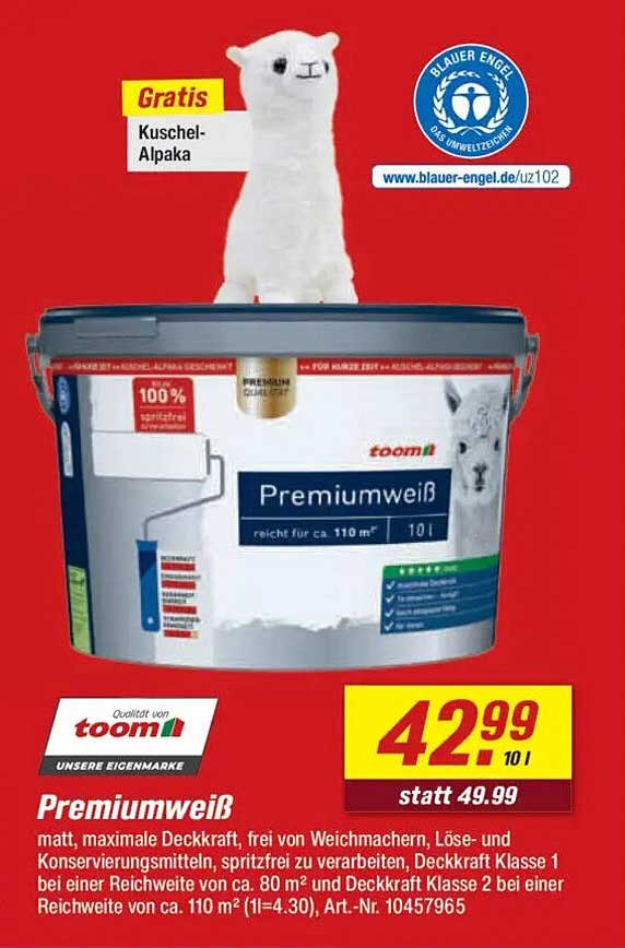 toom Premiumweiß 10 l - Jetzt für nur 42,99 € statt 49,99 €