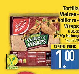 Tortilla Weizen- oder Vollkorn-Wraps 6 Stück je 370g - CENTER-PREIS 1,00