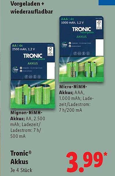 Tronic® Akkus (AA und AAA), je 4 Stück - Vorgeladen und wiederaufladbar
