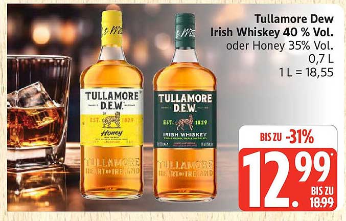 Tullamore Dew Irish Whiskey 40 % Vol. oder Honey 35% Vol. 0,7 L
