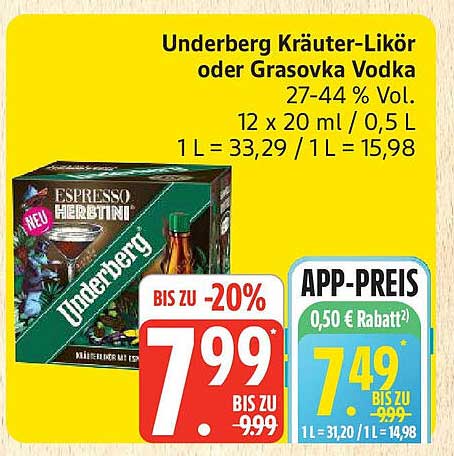 Underberg Kräuter-Likör oder Grasovka Vodka 12 x 20 ml