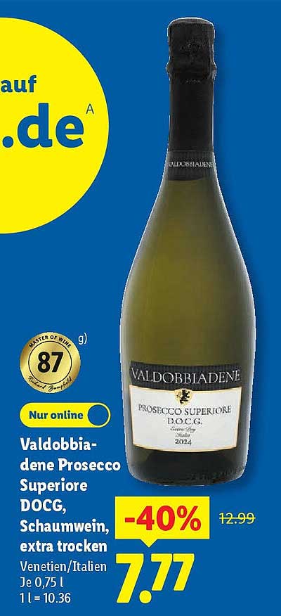 Valdobbiadene Prosecco Superiore DOCG, Schaumwein, extra trocken, 0,75 l