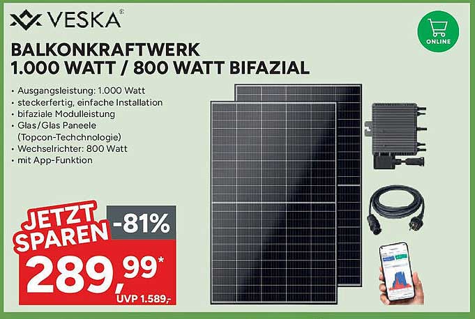 Veska Balkon-Kraftwerk 1.000 Watt / 800 Watt bifazial