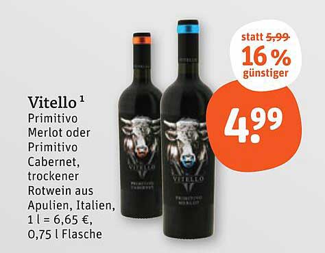 Vitello Primitivo Merlot oder Primitivo Cabernet, 0,75 l Flasche