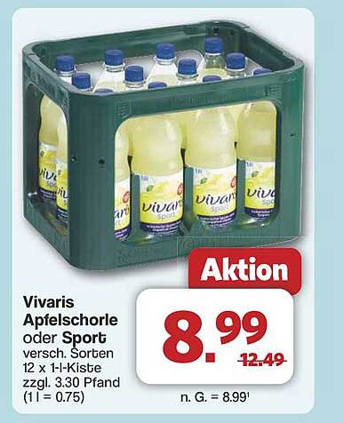 Vivaris Apfelschorle oder Sport – 12 x 1-l-Kiste