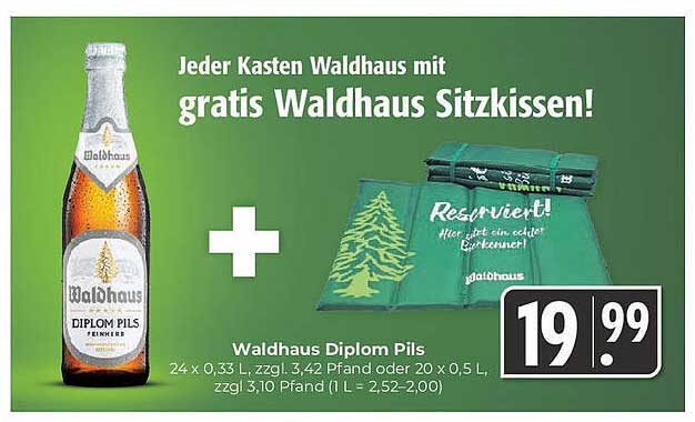 Waldhaus Diplom Pils – 24 x 0,33 L oder 20 x 0,5 L mit gratis Waldhaus Sitzkissen!