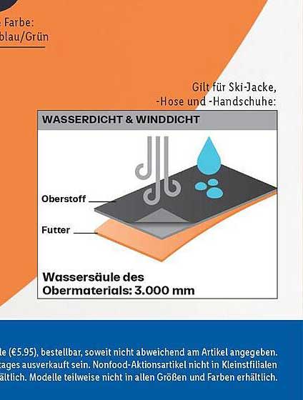 Wasser- und Winddichte Ski-Jacke, -Hose und -Handschuhe in Blau/Grün