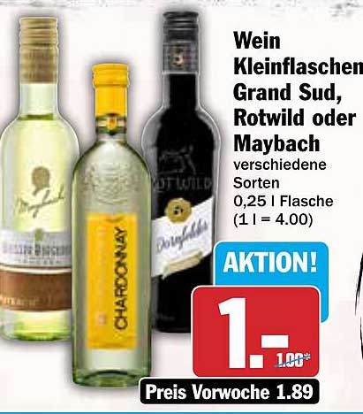 Wein Kleinflaschen Grand Sud, Rotwild oder Maybach - verschiedene Sorten