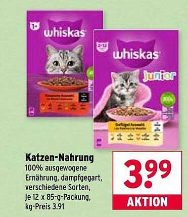Whiskas Katzen-Nahrung 100% ausgewogene Ernährung, dampfgegart, verschiedene Sorten
