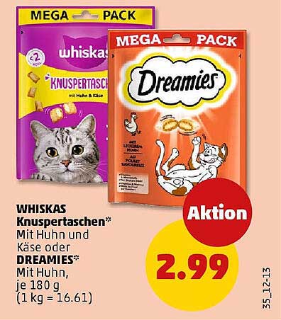 WHISKAS Knuspertaschen mit Huhn und Käse oder DREAMIES mit Huhn, je 180 g.