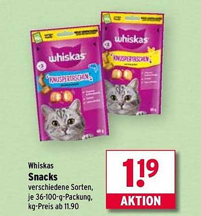 Whiskas Snacks verschiedene Sorten, je 36-100-g-Packung, kg-Preis ab 11.90