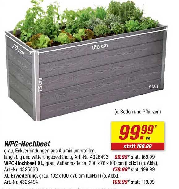 WPC-Hochbeet grau, Eckverbindungen aus Aluminiumprofilen, langlebig und witterungsbeständig