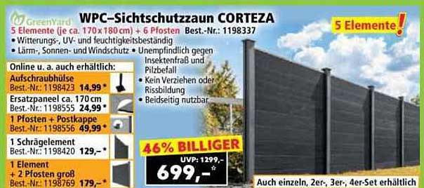 WPC-Sichtschutzzaun CORTEZA - 5 Elemente (je ca. 170 x 180 cm) & 6 Pfosten