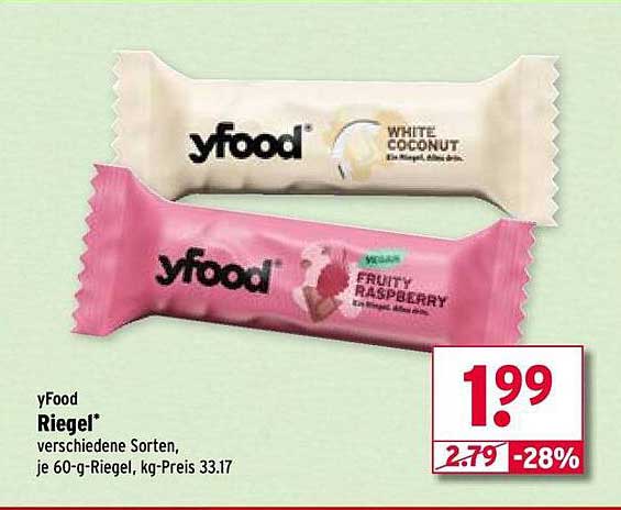 yFood Riegel - verschiedene Sorten, je 60-g-Riegel