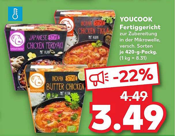 YOUCOOK Fertiggericht zur Zubereitung in der Mikrowelle, verschiedene Sorten je 420-g-Packung.