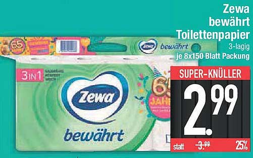 Zewa bewährt Toilettenpapier 3-lagig, je 8x150 Blatt Packung