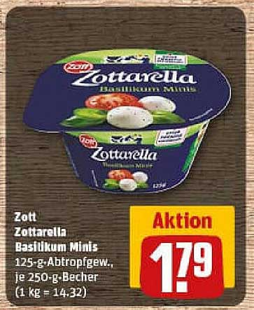Zott Zottarella Basilikum Minis 125-g-Abtropfgew., je 250-g-Becher (1 kg = 14,32)