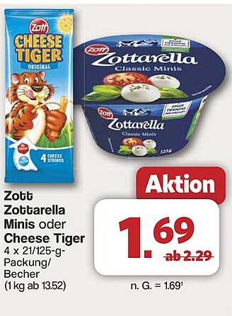 Zott Zottarella Minis oder Cheese Tiger 4 x 21/125-g-Packung/Becher