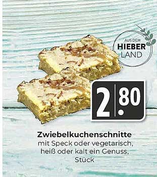 Zwiebelkuchenschnitte mit Speck oder vegetarisch, heiß oder kalt ein Genuss, Stück