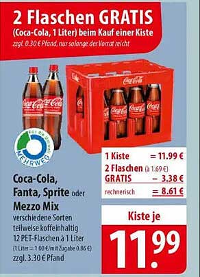 2 Flaschen GRATIS beim Kauf einer Kiste Coca-Cola, Fanta, Sprite oder Mezzo Mix