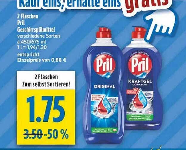 2 Flaschen Pril Geschirrspülmittel - Kaufe eins, erhalte eins gratis!
