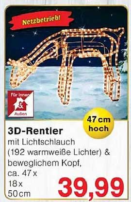 3D-Rentier mit Lichschlauch – 192 warmweiße Lichter