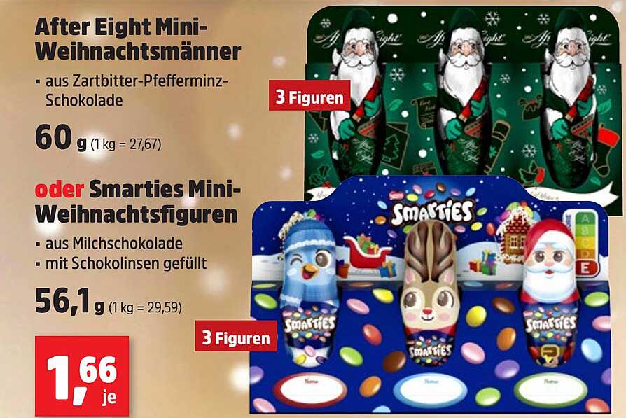 After Eight Mini-Weihnachtsmänner oder Smarties Mini-Weihnachtsfiguren