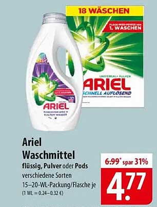 Ariel Waschmittel flüssig, Pulver oder Pods 15–20 WL-Packung/Flasche je