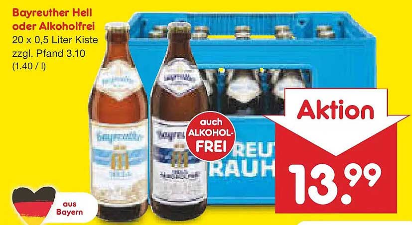 Bayreuther Hell oder Alkoholfrei 20 x 0,5 Liter Kiste