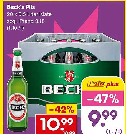 Beck's Pils 20 x 0,5 Liter Kiste zzgl. Pfand 3,10
