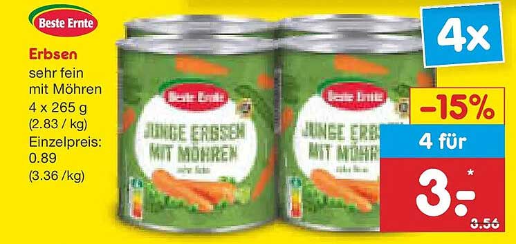 Beste Ernte Erbsen sehr fein mit Möhren 4 x 265 g