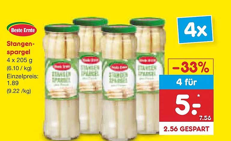 Beste Ernte Stangenspargel 4 x 205 g - 4 für 5 €