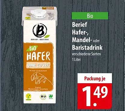 Bio Hafer-, Mandel- oder Baristadrink verschiedene Sorten 1 Liter