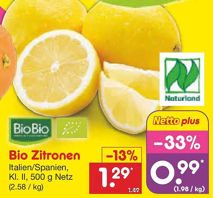 Bio Zitronen Italien/Spanien, Kl. II, 500 g Netz