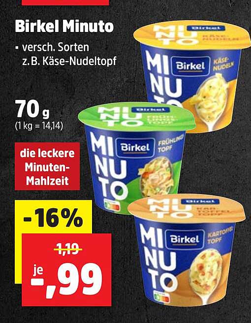 Birkel Minuto – verschiedene Sorten wie z.B. Käse-Nudeltopf
