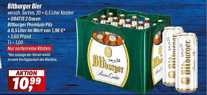 Bitburger Bier 20 x 0,5 Liter Kasten + GRATIS 2 Dosen