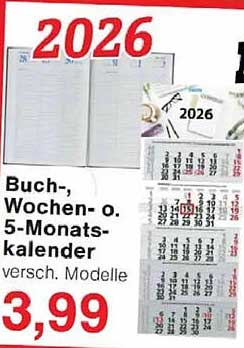 Buch-, Wochen- oder 5-Monatskalender 2026 - verschiedene Modelle