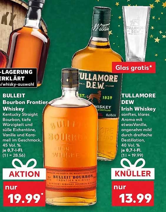 BULLEIT Bourbon Frontier Whiskey und TULLAMORE DEW Irish Whiskey im Angebot