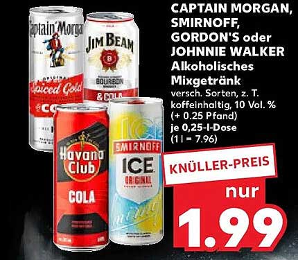 CAPTAIN MORGAN, SMIRNOFF, GORDON'S oder JOHNNIE WALKER Alkoholisches Mixgetränk