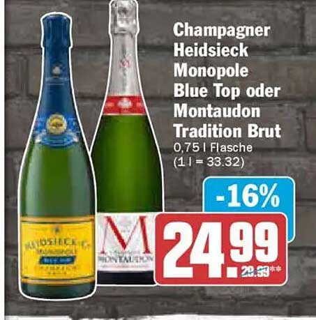 Champagner Heidsieck Monopole Blue Top oder Montaudon Tradition Brut, 0,75 l Flasche