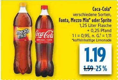 Coca-Cola, Fanta, Mezzo Mix oder Sprite – 1,25 Liter Flasche