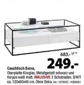 Couchtisch Evora, Oberplatte Klarglas, Metallgestell schwarz und Korpus weiß matt