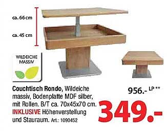 Couchtisch Rondo aus Wildeiche massiv mit Höheneinstellung und Stauraum