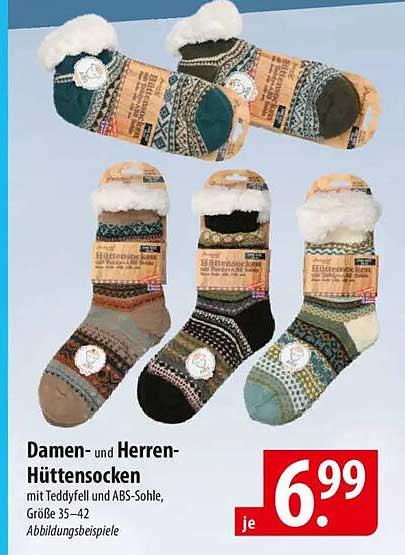 Damen- und Herren-Hüttensocken mit Teddyfell und ABS-Sohle, Größe 35-42