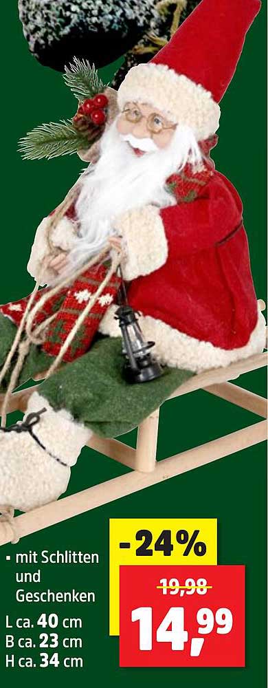 Dekofigur Weihnachtsmann mit Schlitten und Geschenken