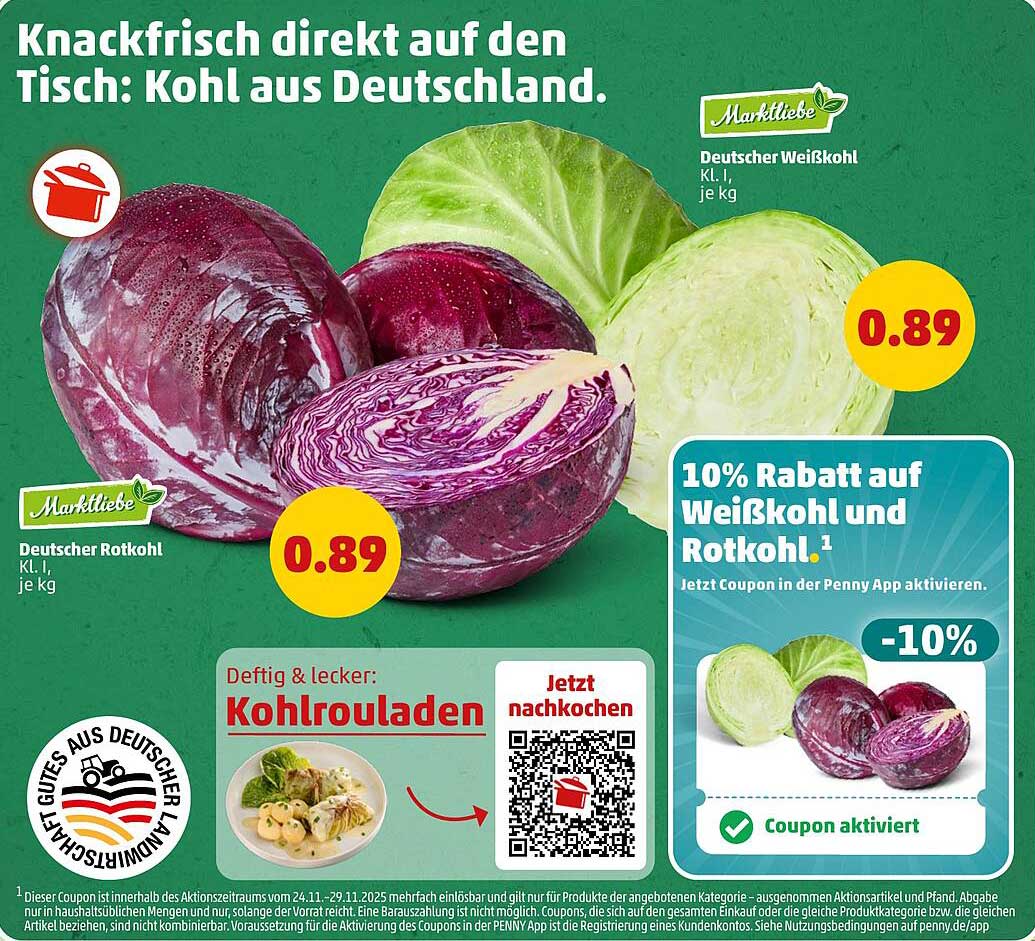 Deutscher Rotkohl und Weißkohl je kg für nur 0,89 €