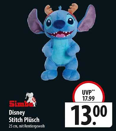 Disney Stitch Plüsch mit Rentiergeweih, 25 cm