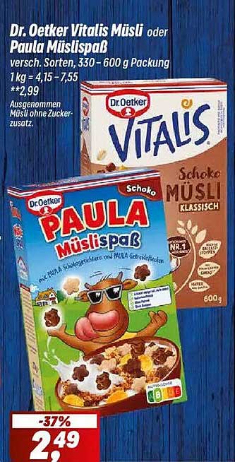 Dr. Oetker Vitalis Müsli oder Paula Müslispaß – Verschiedene Sorten 330 – 600 g Packung