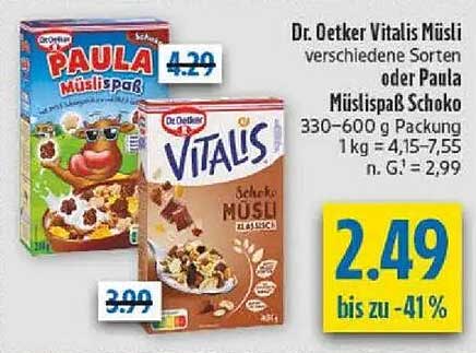 Dr. Oetker Vitalis Müsli verschiedene Sorten oder Paula Müslispaß Schoko