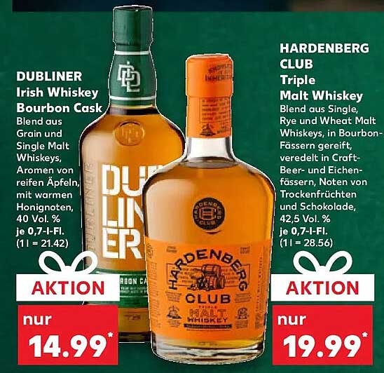 DUBLINER Irish Whiskey Bourbon Cask und HARDENBERG CLUB Triple Malt Whiskey